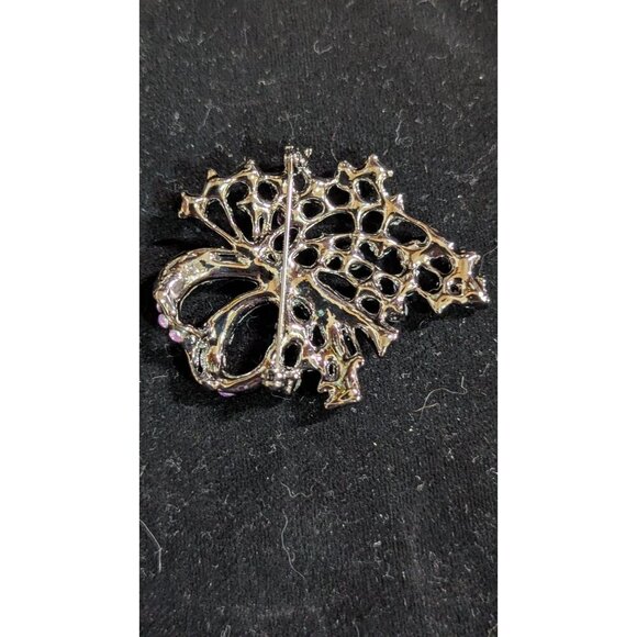 Vintage Rhinestone Floral Brooch Pin Purple & Iridescent Crystals 2" Elegant Bow - Picture 3 of 7